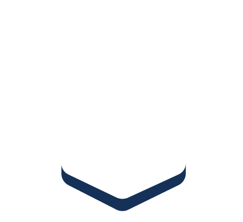 Forme de bouclier blanc avec bordure inférieure bleue.